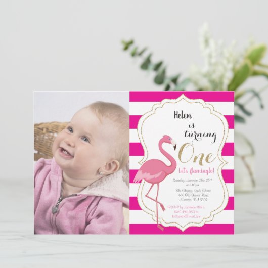 Flamingo First Birthday Invitation Girl Kaart (Staand voorkant)