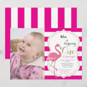 Flamingo First Birthday Invitation Girl Kaart (Voorkant / Achterkant)