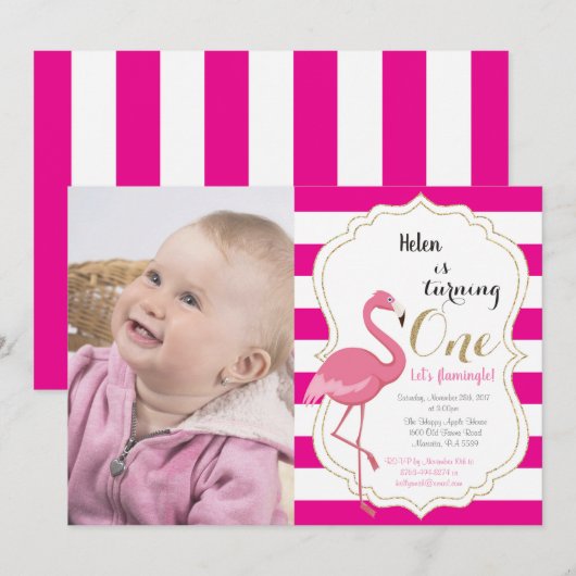 Flamingo First Birthday Invitation Girl Kaart (Voorkant / Achterkant)