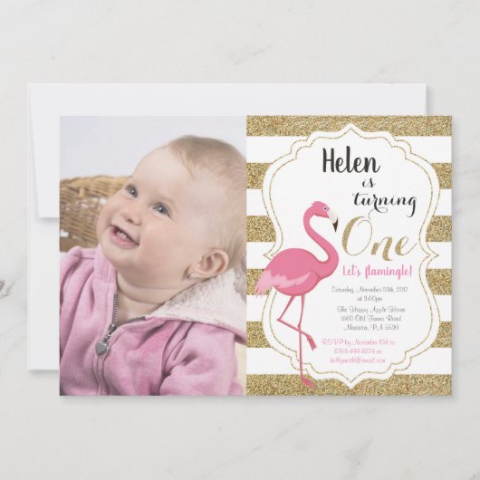 Flamingo First Birthday Invitation Girl Kaart (Voorkant)