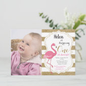 Flamingo First Birthday Invitation Girl Kaart (Staand voorkant)
