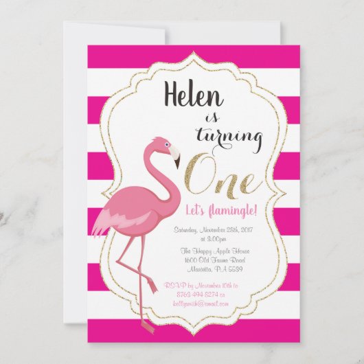 Flamingo First Birthday Invitation Girl Kaart (Voorkant)