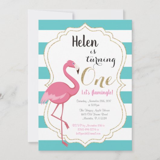 Flamingo First Birthday Invitation Girl Kaart (Voorkant)