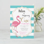Flamingo First Birthday Invitation Girl Kaart (Staand voorkant)