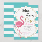 Flamingo First Birthday Invitation Girl Kaart (Voorkant / Achterkant)