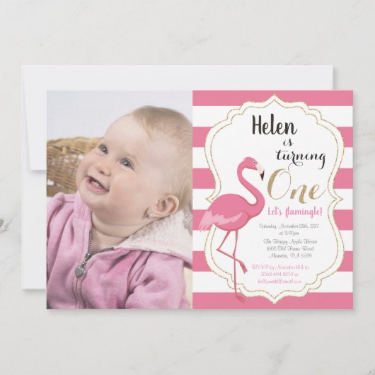 Flamingo First Birthday Invitation Girl Kaart (Voorkant)