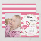 Flamingo First Birthday Invitation Girl Kaart (Voorkant / Achterkant)