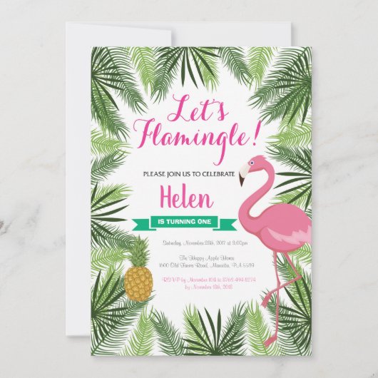 Flamingo First Birthday Invitation Girl Kaart (Voorkant)