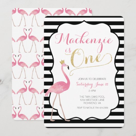 Flamingo First Birthday Invitation Kaart (Voorkant / Achterkant)