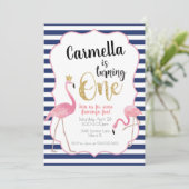 Flamingo First Birthday Invitation Navy Stripes Kaart (Staand voorkant)