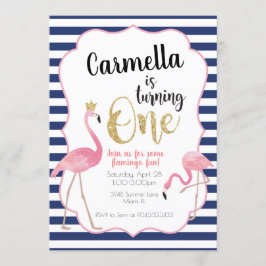 Flamingo First Birthday Invitation Navy Stripes Kaart