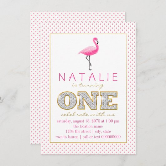 Flamingo First Birthday Party Kaart (Voorkant / Achterkant)