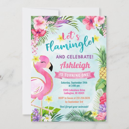 Flamingo First Birthday Summer Uitnodiging (Voorkant)