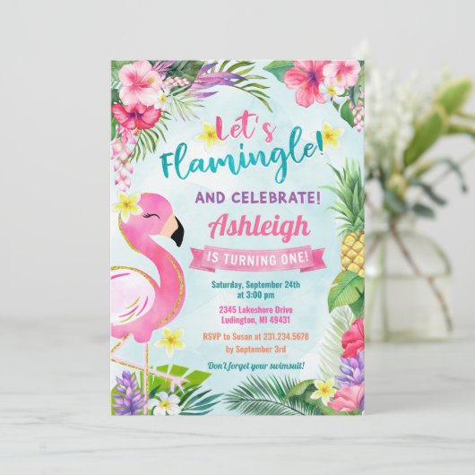 Flamingo First Birthday Summer Uitnodiging (Staand voorkant)