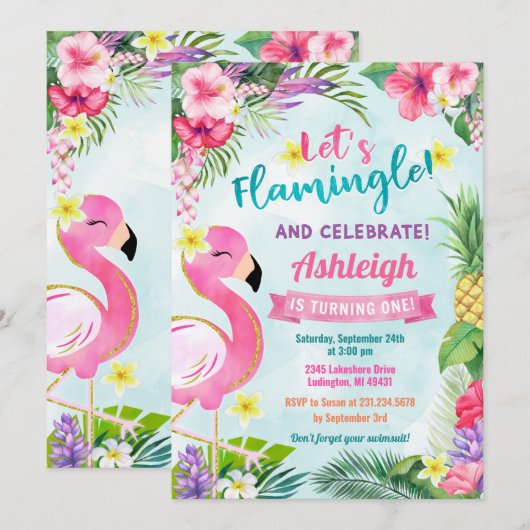 Flamingo First Birthday Summer Uitnodiging (Voorkant / Achterkant)