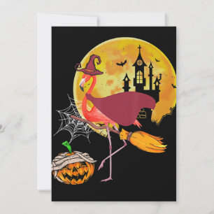 Flamingo   Flamingo op bezem pompoen Halloween Feestdagenkaart