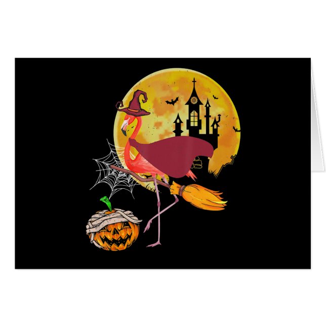 Flamingo | Flamingo Riding Broom Pumpkin Halloween (Voorkant Horizontaal)