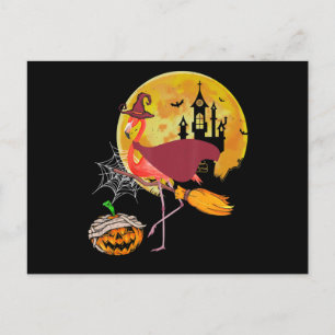 Flamingo   Flamingo Riding Broom Pumpkin Halloween Briefkaart