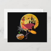 Flamingo | Flamingo Riding Broom Pumpkin Halloween Feestdagenkaart (Voorkant / Achterkant)