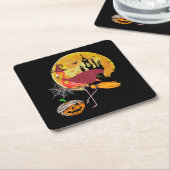 Flamingo | Flamingo Riding Broom Pumpkin Halloween Kartonnen Onderzetters (Schuin)