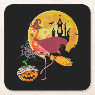 Flamingo   Flamingo Riding Broom Pumpkin Halloween Kartonnen Onderzetters