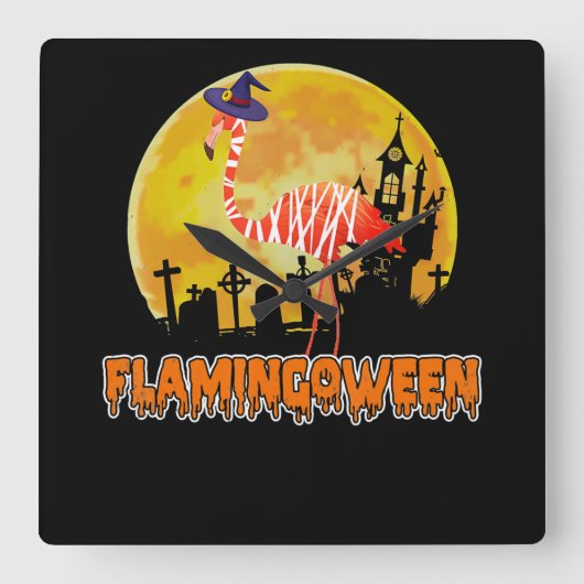 Flamingo Flamingoween Funny Witch Halloween Vierkante Klok (Voorkant)