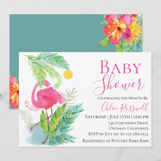 Flamingo Floral Baby shower Invitation Kaart (Voorkant / Achterkant)