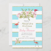 Flamingo Floral Blue Stripe Baby shower Kaart (Voorkant)
