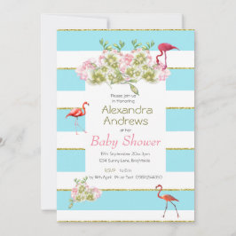 Flamingo Floral Blue Stripe Baby shower Kaart