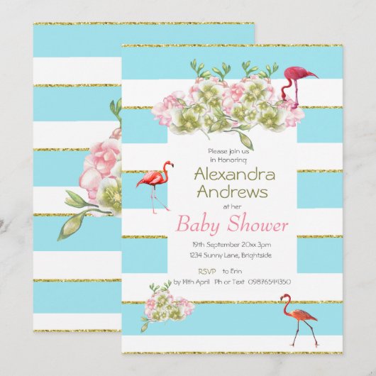 Flamingo Floral Blue Stripe Baby shower Kaart (Voorkant / Achterkant)