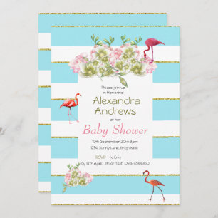 Flamingo Floral Blue Stripe Baby shower Kaart
