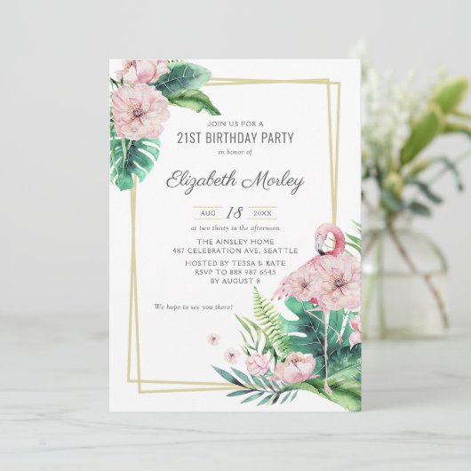 Flamingo Floral Lijst Birthday Kaart (Staand voorkant)
