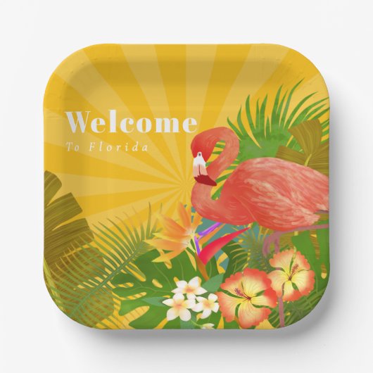 Flamingo Florida Welcome Yellow Orange Papieren Bordje (Voorkant)