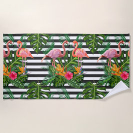 Flamingo Flowers Hibiscus Black White Stripe Strandlaken