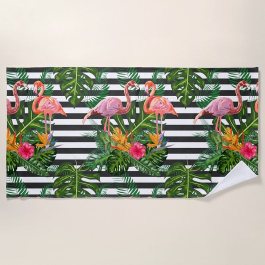 Flamingo Flowers Hibiscus Black White Stripe Strandlaken (Voorkant)