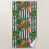 Flamingo Flowers Hibiscus Black White Stripe Strandlaken (Voorkant)