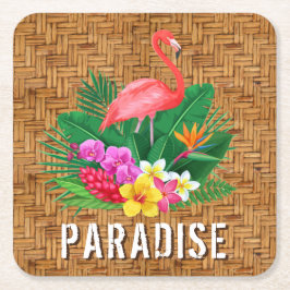 Flamingo Flowers op Wicker Pattern Kartonnen Onderzetters