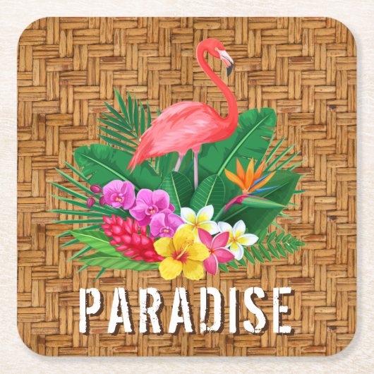 Flamingo Flowers op Wicker Pattern Kartonnen Onderzetters (Voorkant)