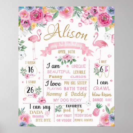 Flamingo Flowers Summer Luau Birthday-teken Poster (Voorkant)