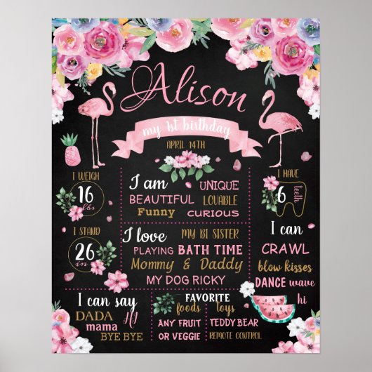 Flamingo Flowers Summer Luau Birthday-teken Poster (Voorkant)