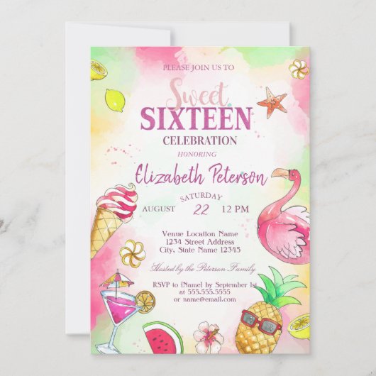 Flamingo Fruits Summer Pool Sweet 16 Party Kaart (Voorkant)