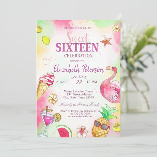 Flamingo Fruits Summer Pool Sweet 16 Party Kaart (Staand voorkant)