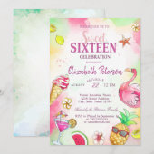 Flamingo Fruits Summer Pool Sweet 16 Party Kaart (Voorkant / Achterkant)