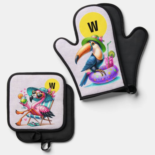 Flamingo Fun Ovenwant & Pannenlap Set (Voorkant / Achterkant)