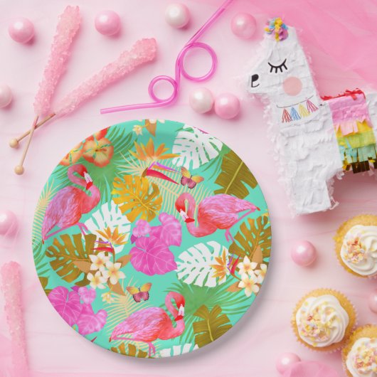 Flamingo Garden Blauwgroen Papieren Bordje (Feest)
