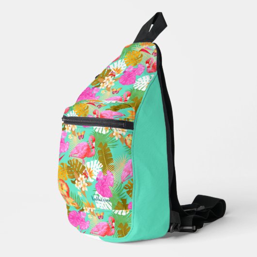 Flamingo Garden Blauwgroen Sling Bag (Rechterhoek)