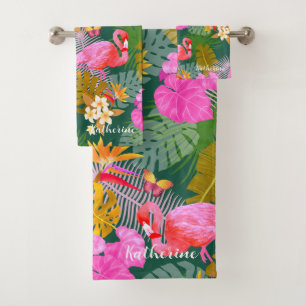 Flamingo Garden Donkergroen Bad Handdoek
