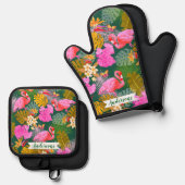 Flamingo Garden Donkergroen Ovenwant & Pannenlap Set (Voorkant / Achterkant)