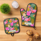 Flamingo Garden Donkergroen Ovenwant & Pannenlap Set (Top down)