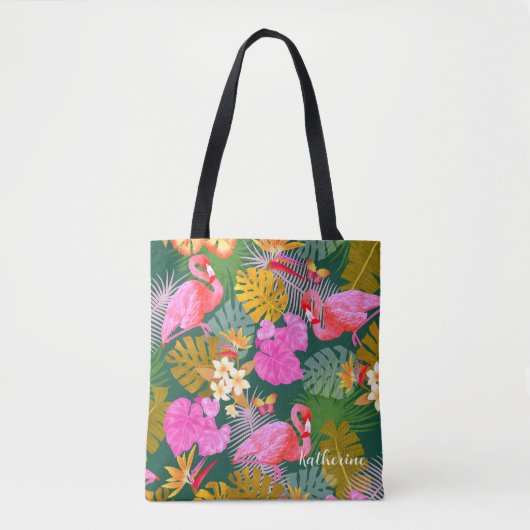 Flamingo Garden Donkergroen Tote Bag (Voorkant)